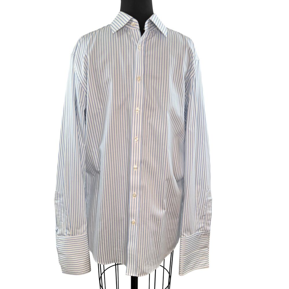 Charles Tyrwhitt Blue White Dress Shirt 16.5 Striped Slim Fit French Cuff NEW